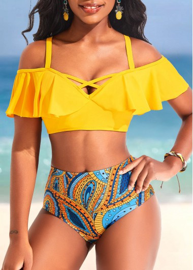 ROTITA Ruffle Yellow Paisley Print Mid Waisted Bikini Set | Rotita.com - USD $25.98 | rotita.com