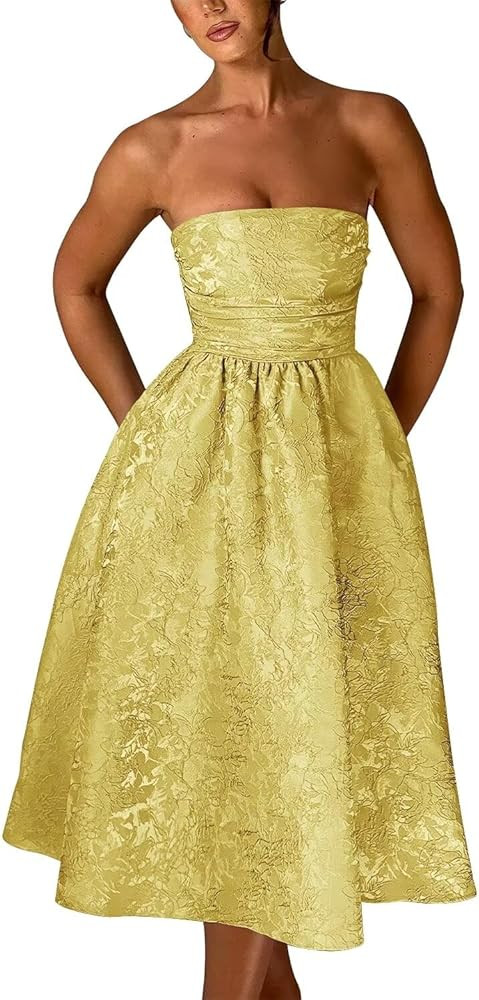 Zepumen Jacquard Floral Satin Prom Dress for Women Strapless Tea Length Formal Evening Party Gown | Amazon (US)