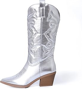 Mattiventon Cowgirl Mid Calf Boots for Women Chunky Mid Heel Western Cowboy Pointed Toe Boots | Amazon (US)