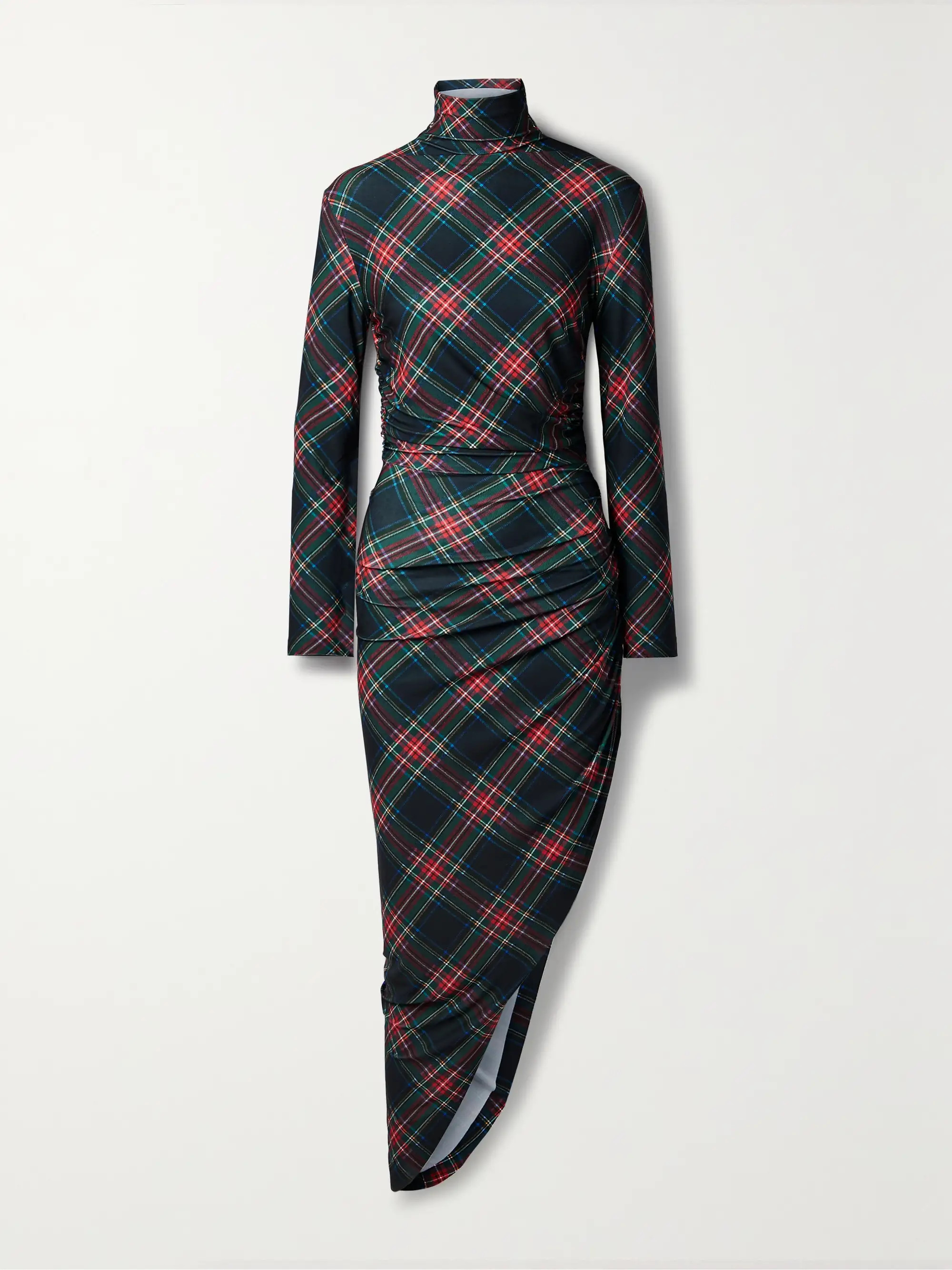 Ruched checked stretch-jersey turtleneck midi dress | NET-A-PORTER (US)