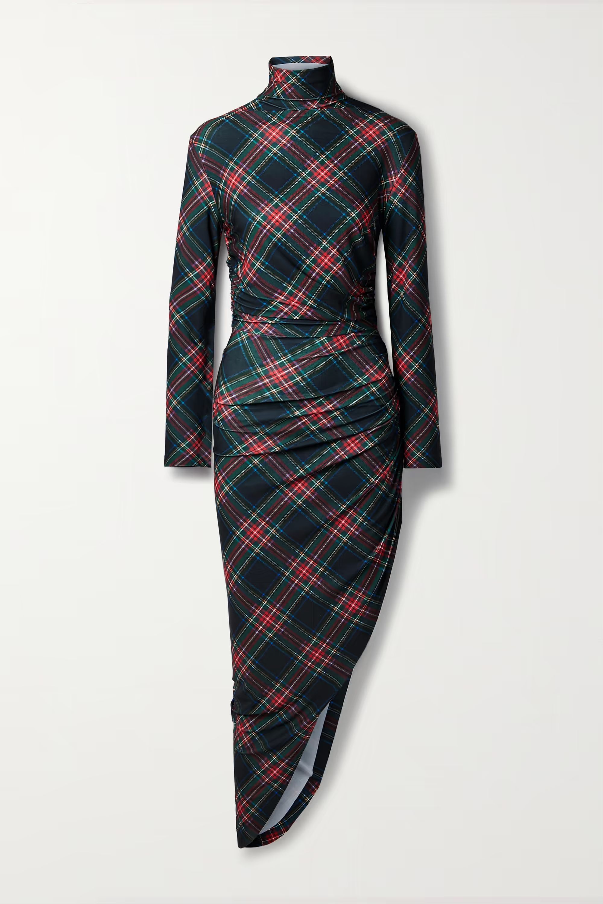 Ruched checked stretch-jersey turtleneck midi dress | NET-A-PORTER (US)