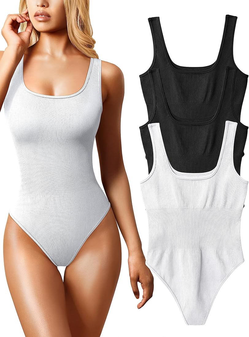 OQQ Women's 3 Piece Bodysuits Sexy Ribbed Sleeveless Square Neck Sleeveless Tank Tops Bodysuits | Amazon (US)