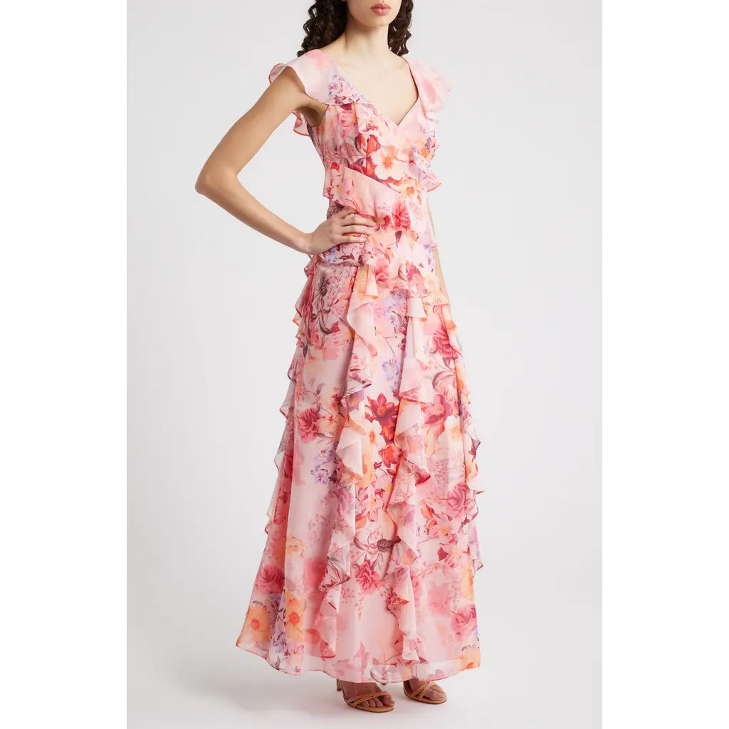 Eliza J Flutter Chiffon Maxi Dress in Blush at Nordstrom, Size 6 | Nordstrom