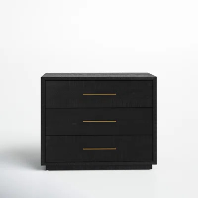Boleyn 3 - Drawer Solid Wood Nightstand in Burnished Black/Brass | Birch Lane