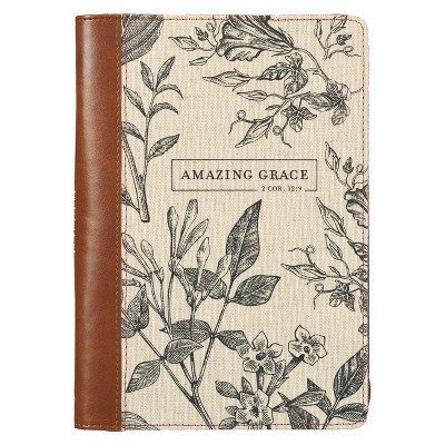 Christian Art Gifts Scripture Journal Brown/Cream Floral Printed Amazing Grace 2 Cor. 12:9 Bible Verse Inspirational Faux Leather Notebook, Zipper | Target