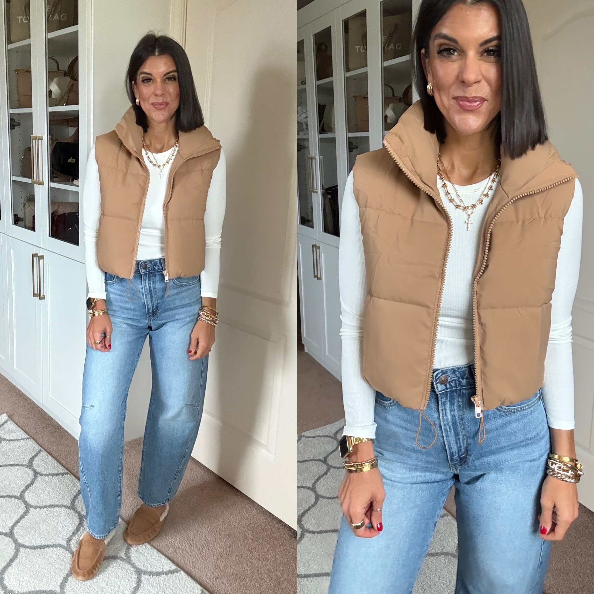 Size small in tee and puffer vest Size 26 in jeans Slides tts

#LTKFindsUnder100 #LTKSeasonal