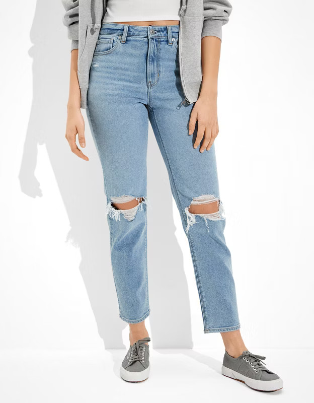AE Stretch Ripped Mom Straight Jean | American Eagle Outfitters (US & CA)