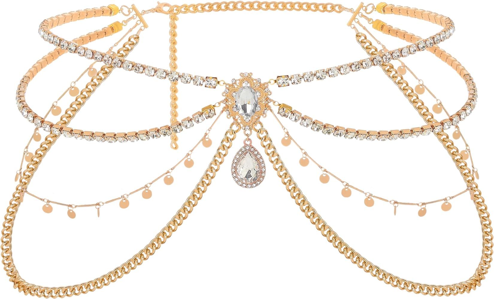 ELABEST Rhinestone Layered Chain Belt Sequin Waist Chain Body Chain Jewelry for Women and Girls | Amazon (US)