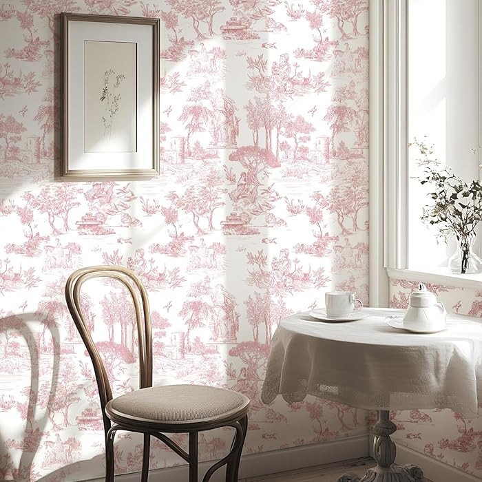 WENMER Toile Wallpaper, 17.7" X 394" Pink and White Peel and Stick Wall Paper, Toile de Jouy Wall... | Amazon (US)