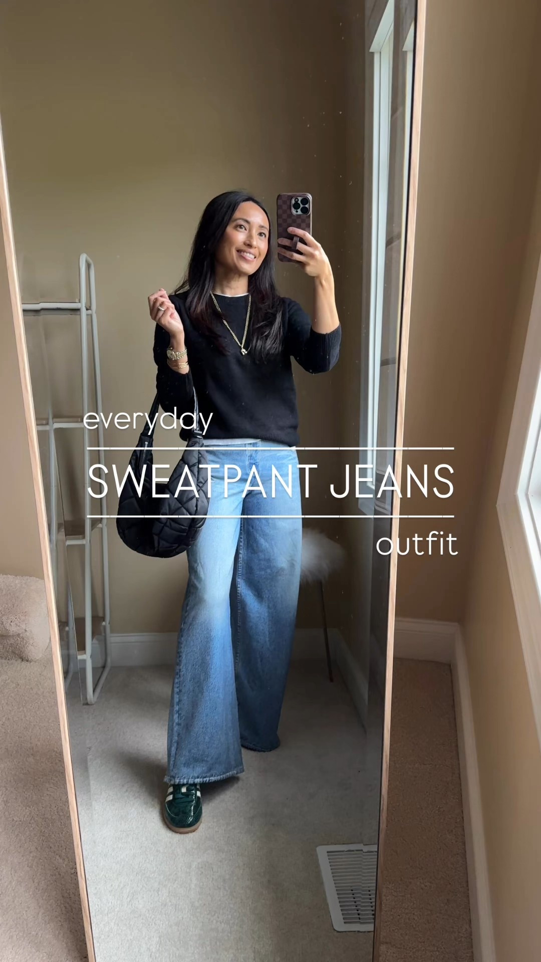Sweatpant jeans. 
-It took me seeing a pair in person to appreciate the concept, as a true denim fabric lover. But the feel, the drape, the look, and of course the comfort ended up winning me over. 
-I’m wearing the designer version here, but am also linking my favorite alternative to the popular designer pair that has been restocked in all sizes and currently on sale for around $53-$59. The look for less option I am recommending is the best alternative that I have found after trying out a few pairs. Size down. The regular length is a bit long for me with flat shoes, but actually looks good when it skims the floor. 
-Soft classic crewneck sweater. I like to size up in this style. 
-New sneakers that are a great option to add interest to neutral looks. Size down. 
-Quilted shoulder bag style that also comes with a crossbody strap and chain strap. 
-Initial necklace works great with crewneck tops. 


#LTKFindsUnder100 #LTKStyleTip #LTKOver40