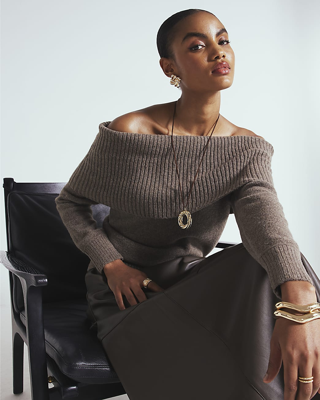Brown Knitted Bardot Jumper | River Island UK & IE
