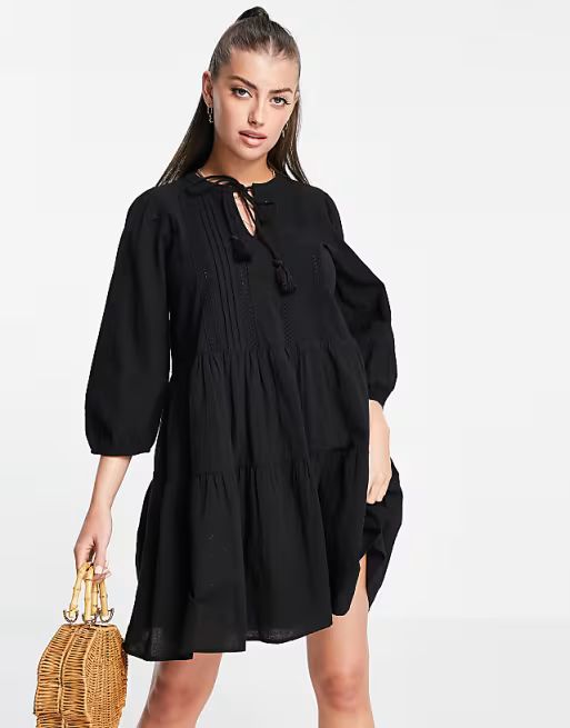 Vero Moda mini tie neck smock dress in black | ASOS (Global)