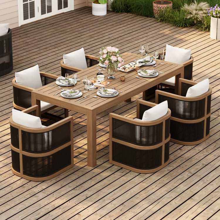 Wevara 7-Piece Outdoor Rope Weave Dining Set With 6 Chairs | Homary