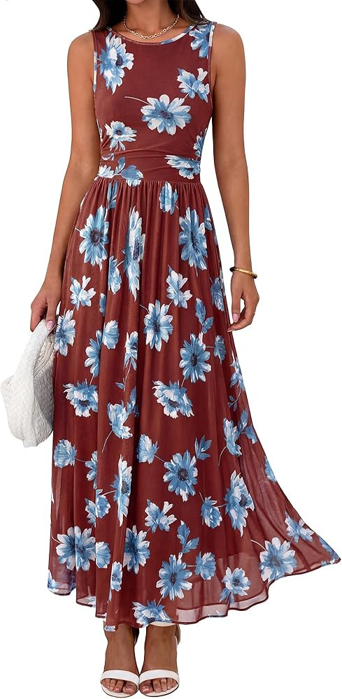 BTFBM Summer Dresses for Women 2026 Floral Maxi Dress Sleeveless Mesh Flowy Long Sundress Beach V... | Amazon (US)