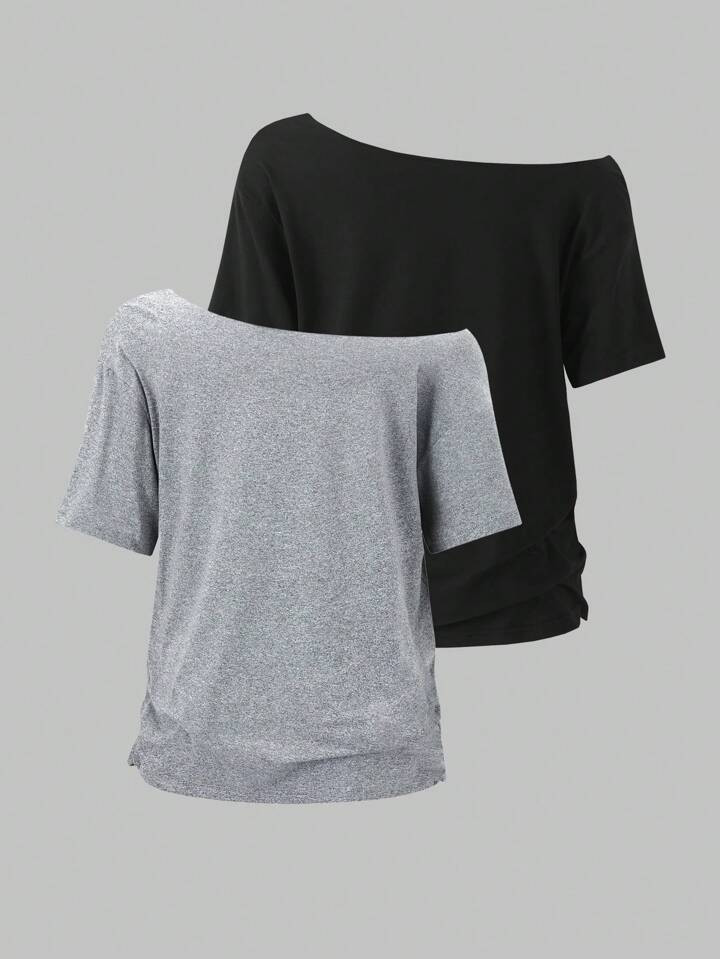 SHEIN MOOSTA 2pcs Women Oversized Loose Oblique Shoulder T-Shirts, Spring New Arrival | SHEIN