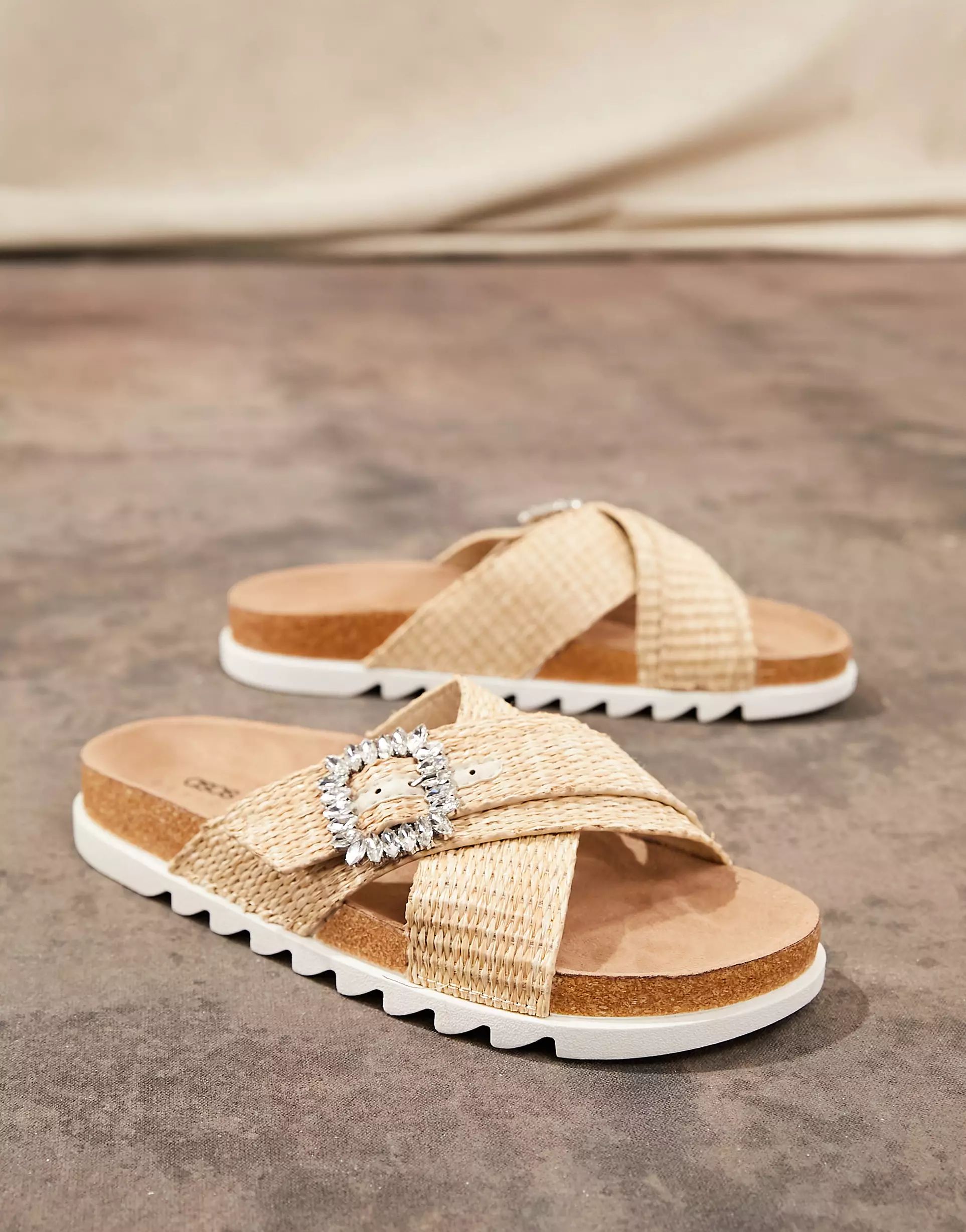 ASOS DESIGN Flaunt raffia cross vamp flat sandals in natural - BEIGE | ASOS (Global)