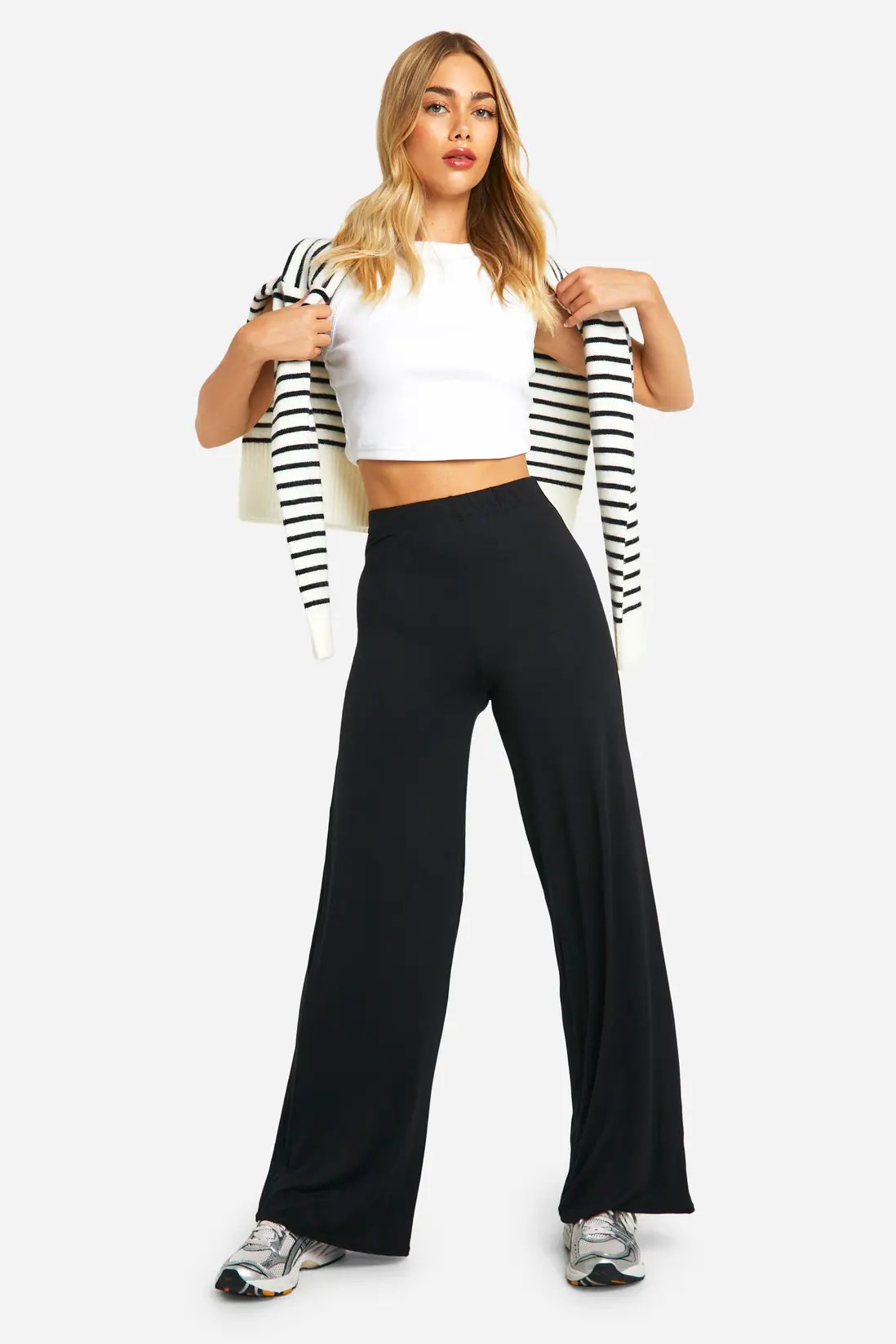 Black Everyday Jersey Wide Leg Trouser | Boohoo | Boohoo.com (UK & IE)