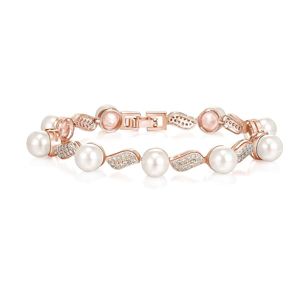 Crysdue Cubic Zirconia Simulated Pearl Bridal Wedding Leaf Filigree Tennis Bracelet for Brides Br... | Amazon (US)