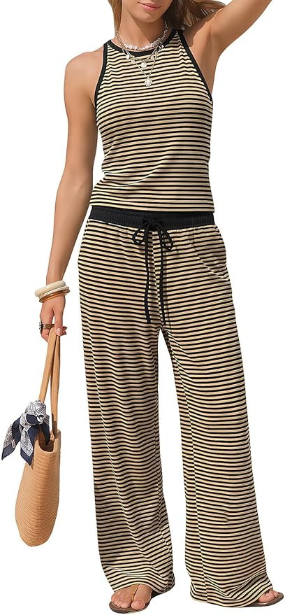 EXLURA Womens Cotton Summer 2 Piece Outfits Striped Halter Tops Matching Wide Leg Pant Sets Loung... | Amazon (US)