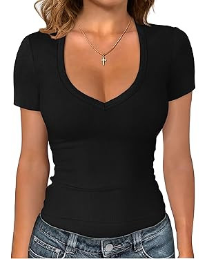 Sampeel Short Sleeve Shirts for Women V Neck Summer Ribbed Tshirts 2026 Slim Fit Spring Fashion G... | Amazon (US)