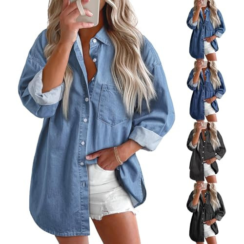 Women's Denim Jackets Casual Long Sleeve Denim Shirts Boyfriend Distressed Jean Jackets Coat Button Down Jean Shacket | Amazon (US)