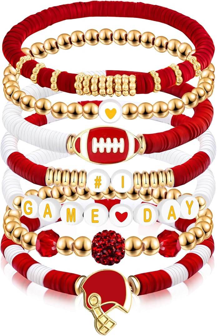 Game Day Bracelet Football Charm Beaded Stretch Bracelet Sports Jewelry for Football Mom Dad Coac... | Amazon (US)