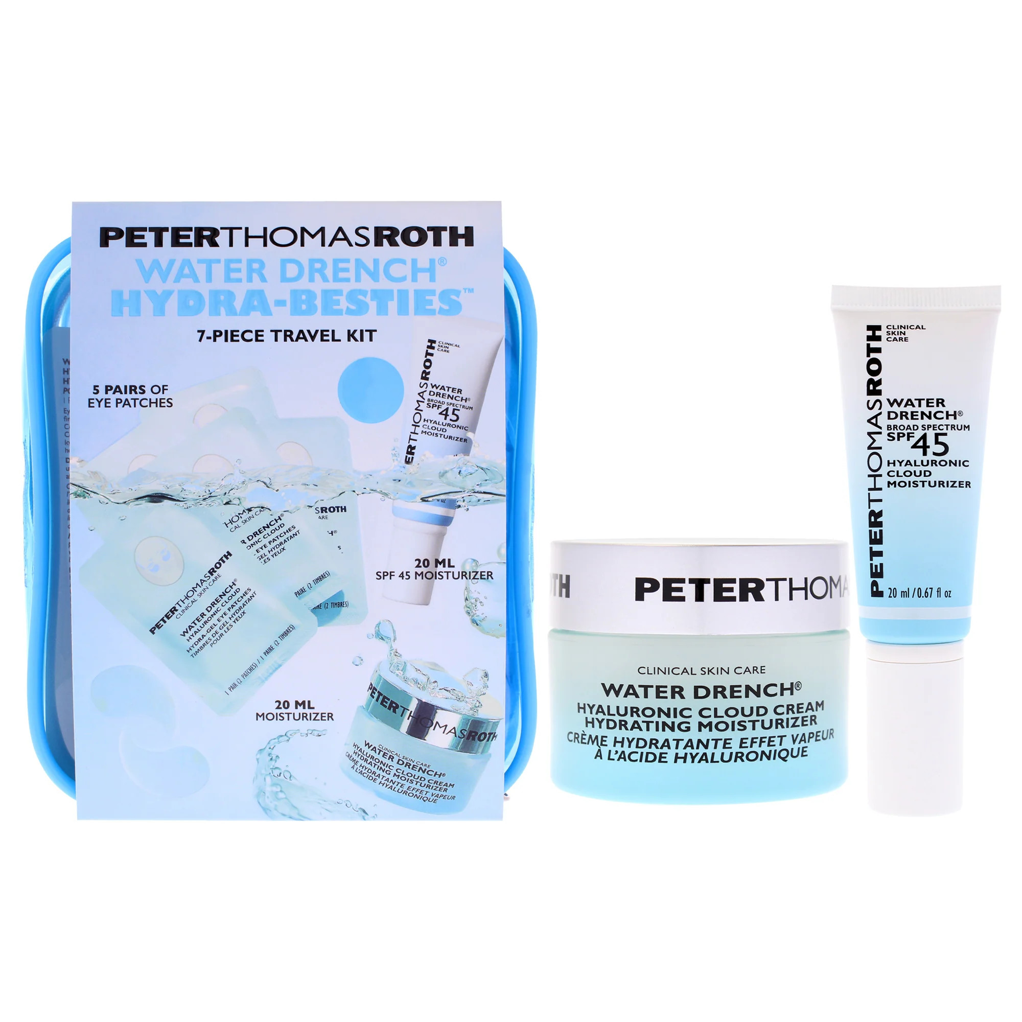 Water Drench Hydra-Besties Travel Kit by Peter Thomas Roth for Unisex - 7 Pc 5 Pair Water Drench Gel Eye Patches, 0.67oz Water Drench Moisturizer, 0.67oz Water Drench Broad Spectrum SPF 45 Moisturizer | Shop Simon
