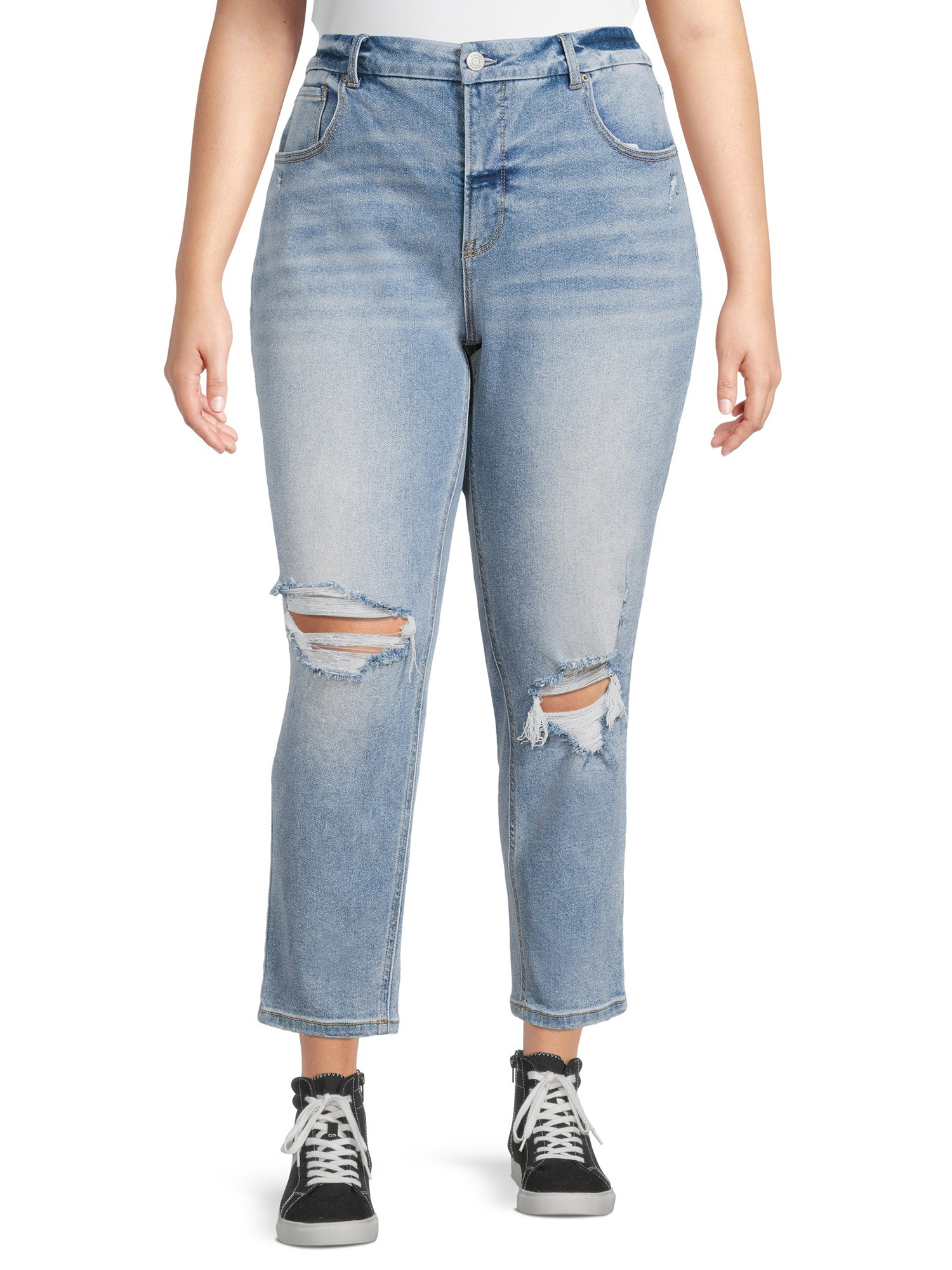 Terra & Sky Women's Plus Size Destructed Mom Jeans - Walmart.com | Walmart (US)