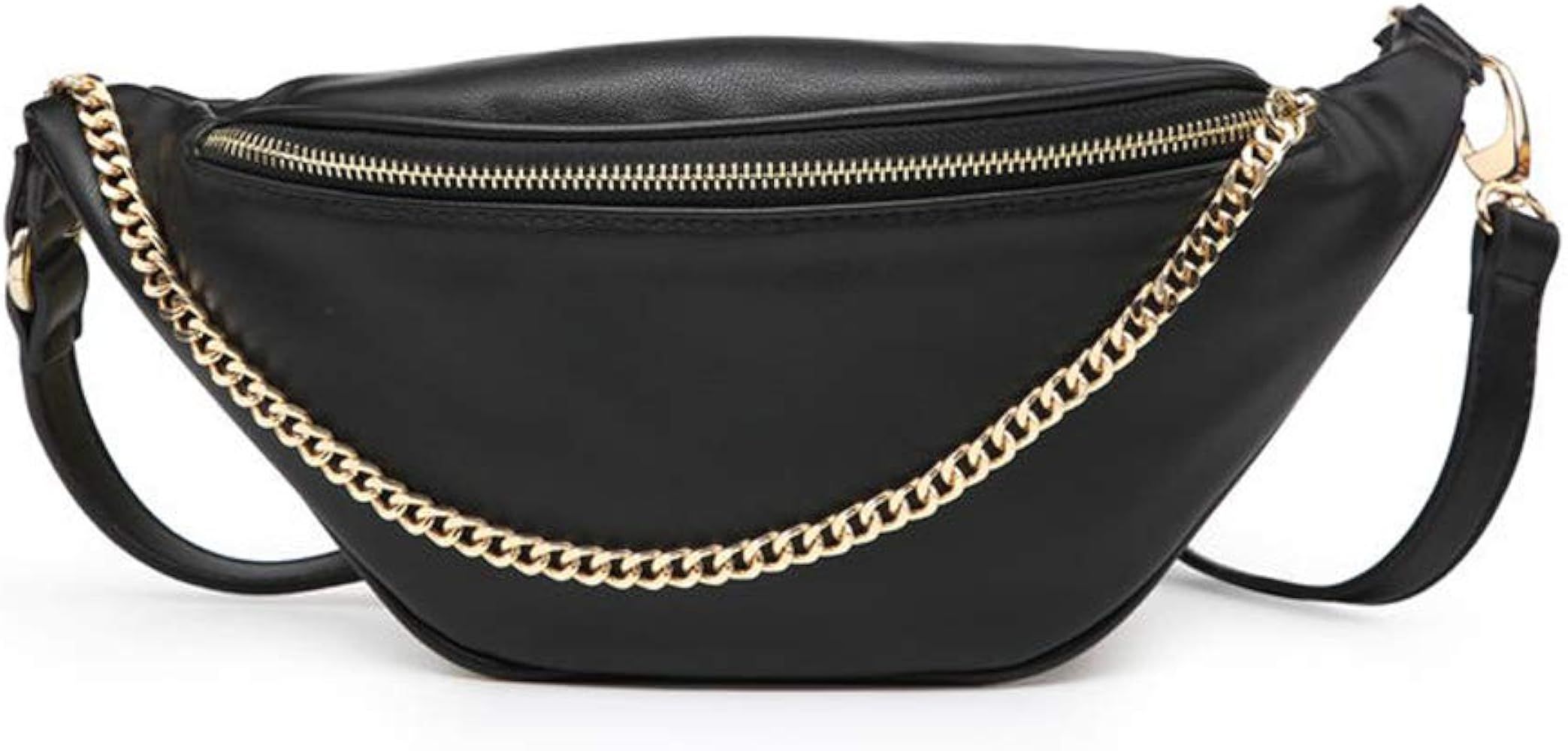 Fashion Leather Waist Fanny Pack Chest Bag Phone Purse with Metalic Chain for Women Black | Amazon (US)
