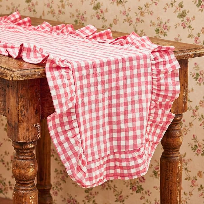 1 Pcs Pink Plaid Gingham Ruffle Table Runner 118 x 13.8'' Farmhouse Table Runner 100% Cotton Scal... | Amazon (US)