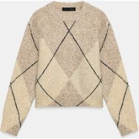Zara - Brushed Argyle Knit Jumper - Ecru / Beige - M - Woman | Zara US