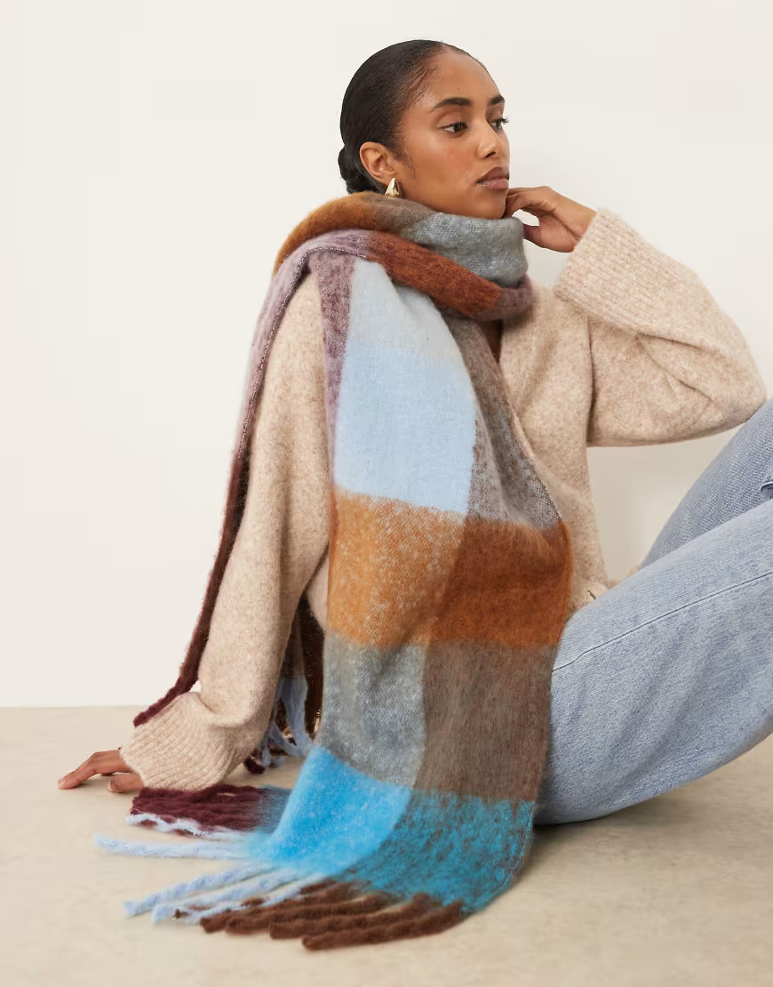 ASOS DESIGN woven tassel scarf blue and brown grid plaid design-Multi | ASOS (Global)