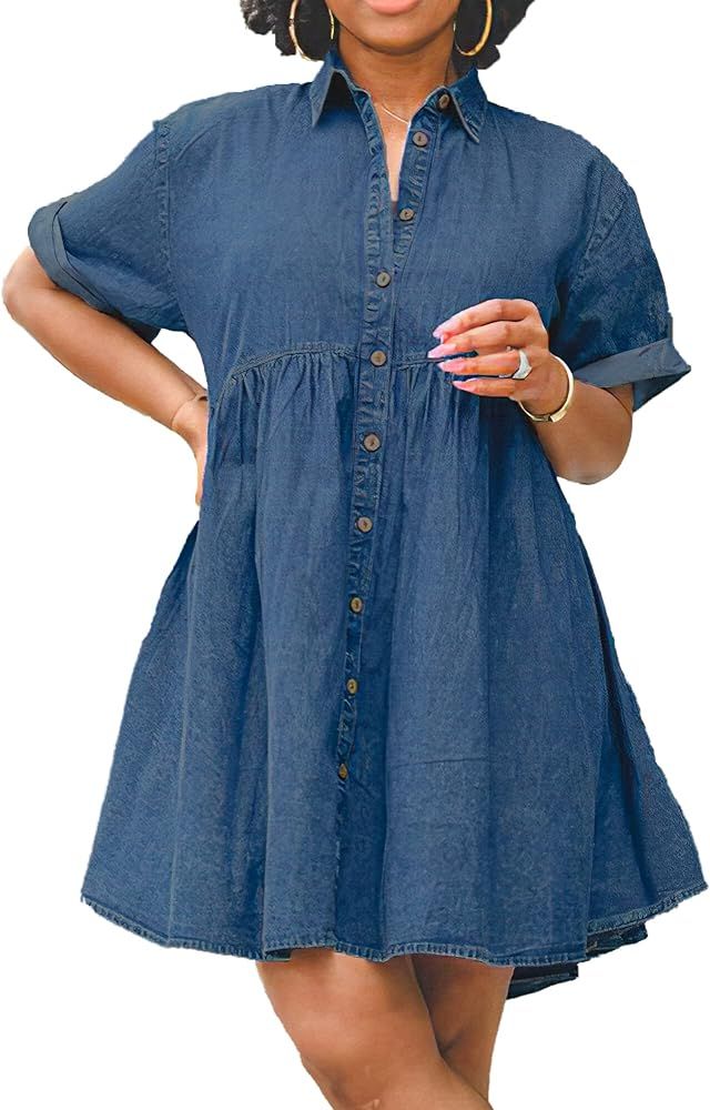 Womens Denim Babydoll Dresses Button Down Tiered Jean Dress | Amazon (US)