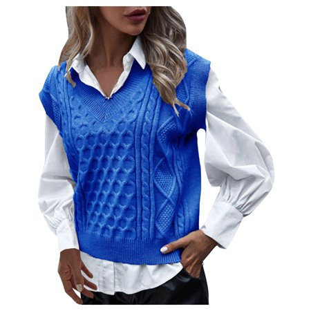 Women Sweater Women Preppy Style Knitwear Tank Top Sleeveless V-Neck Vintage Sweater Vest Blue S | Walmart (US)