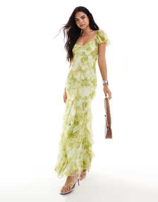 ASOS DESIGN flutter sleeve maxi dress with ruffle panels in green floral print | ASOS (Global)