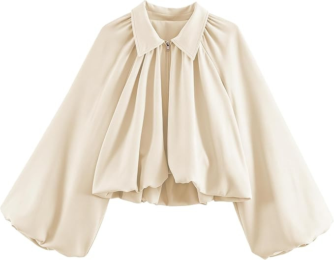 Womens Oversized Bomber Jackets Puff Sleeve Pleated Cropped Coats | Lapel Collar, Zip Up, Batwing... | Amazon (US)