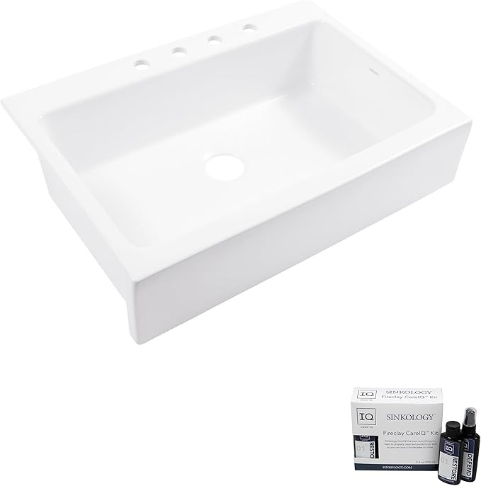 Parker Fireclay Quick-Fit Drop-In Farmhouse Kitchen Sink and Care Kit, 34" Crisp White Single Bow... | Amazon (US)