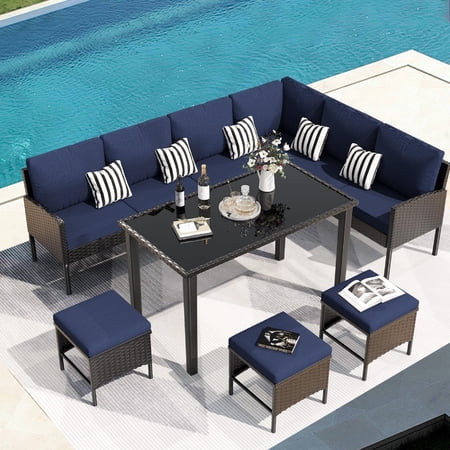 YIORTWO 7-Piece Patio Furniture Set, Small Space Outdoor Sectional with Tempered Glass Table & Waterproof Cushions, All-Weather Rattan for Backyard, Garden - Dark Blue | Walmart (US)