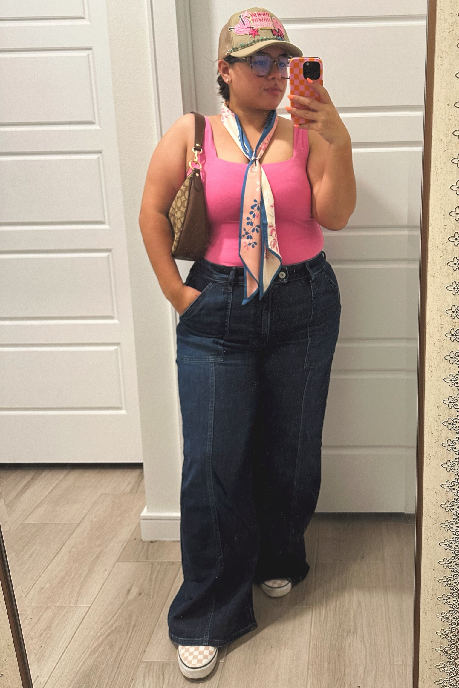 Loving this outfit! This Old Navy bodysuit is so soft and comfortable. These American Eagle jeans are also such a staple. 🎀

Amazon, American Eagle Jeans, Checkered Vans, silk scarf, Coach, Saddle Bag, Old Navy, Patched Trucker Hat

#LTKU #LTKmidsize #LTKstyletip