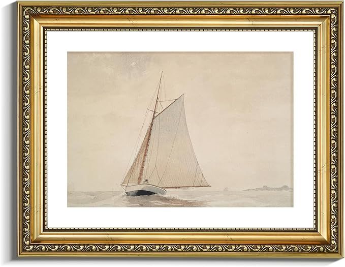 VIYYIEA Gold Framed Large Canvas Wall Art for Living Room,White Sailboat Seascape Watercolor Vint... | Amazon (US)