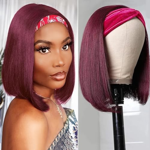 AISI Bob Headband Wig Human Hair 99J Burgundy Headband Glueless Wig Short Straight Bob Wigs for Black Women Human Hair Pre Plucked Natural Hairline Wine Red 10 Inch | Amazon (US)