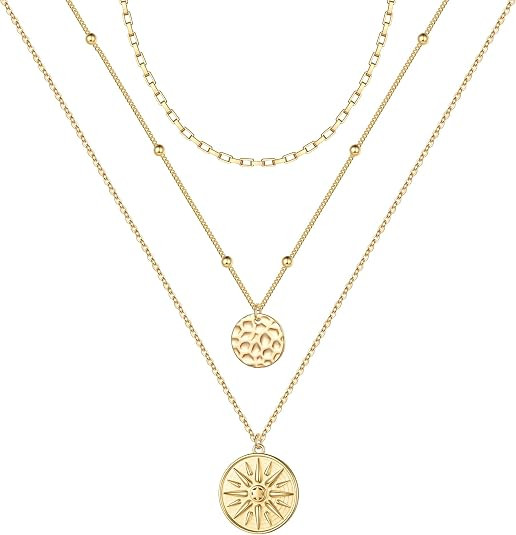 Gold Layered Necklaces for Women - 14K Gold Plated Handmade Multilayer Bar Pearls Coin Disc Moon ... | Amazon (US)