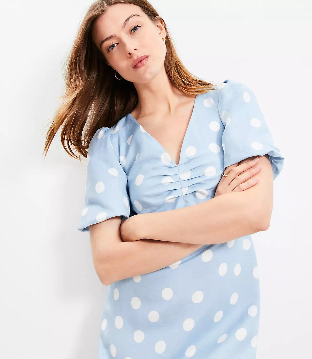 Dotted Linen Blend V-Neck Mini Dress | LOFT