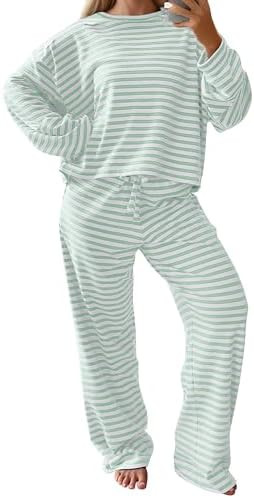 MISSACTIVER Women's Striped 2 Piece Lounge Set Casual Long Sleeve T-Shirt Drawstring Wide Leg Pan... | Amazon (US)