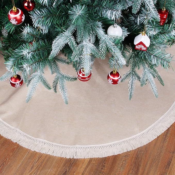 Burlap Christmas Tree Skirt with Tassel,Linen Christmas Tree Decorations Indoor Outdoor,48 inch N... | Amazon (US)