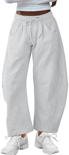 Hongsui Women's Barrel Leg Pants Elasticated Waistband Soft Wide Leg Pants with Pockets Casual Sw... | Amazon (US)