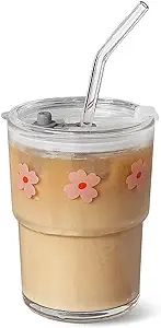 13oz Glass Tumbler with Glass Straw and Lid, Iced Coffee Cups Reusable, Water Cup, Coffee Tumbler... | Amazon (US)