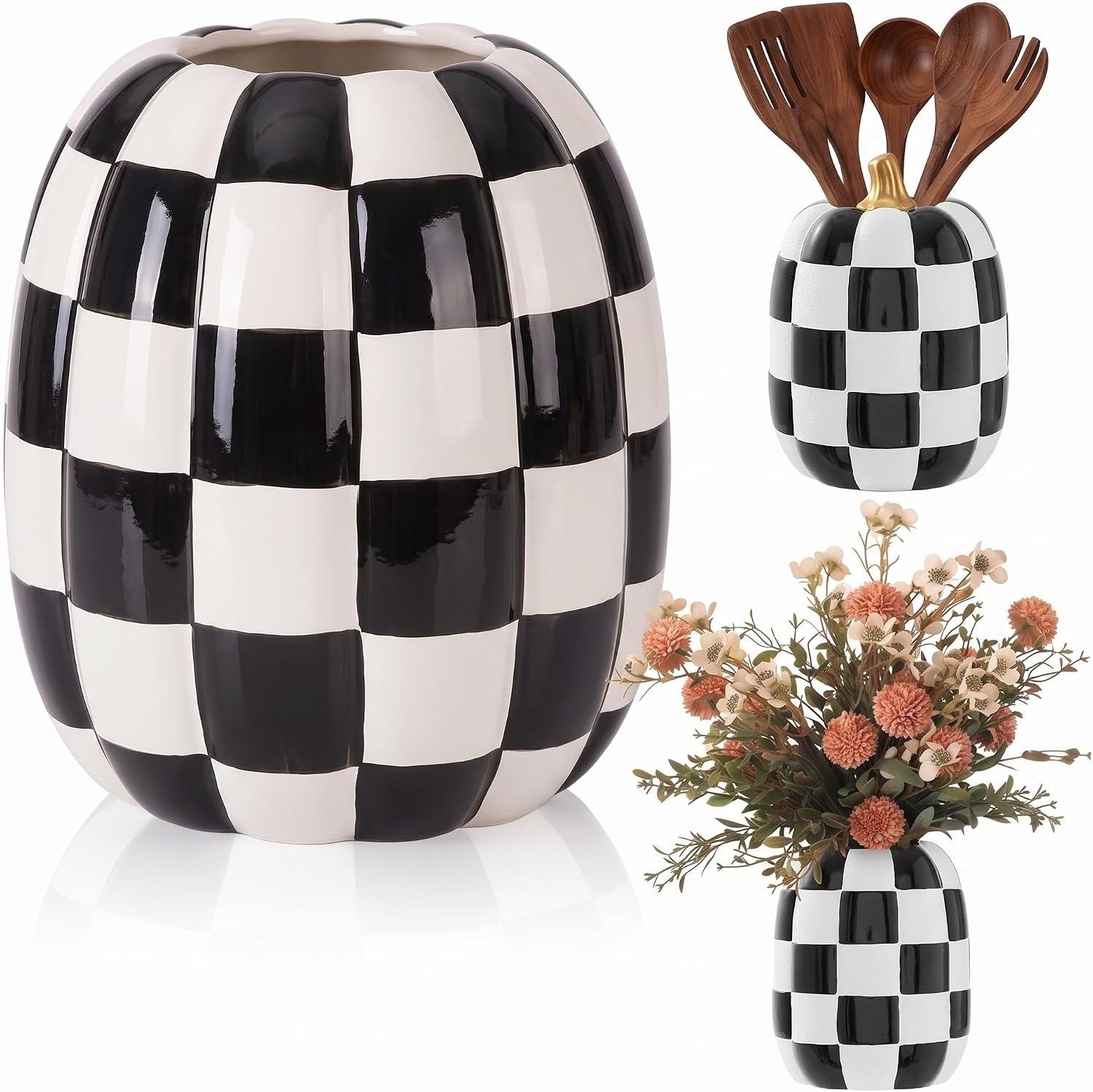 Beeveer 6.7'' Ceramic Pumpkin Vase Black and White Checkered Utensil Holder | Amazon (US)