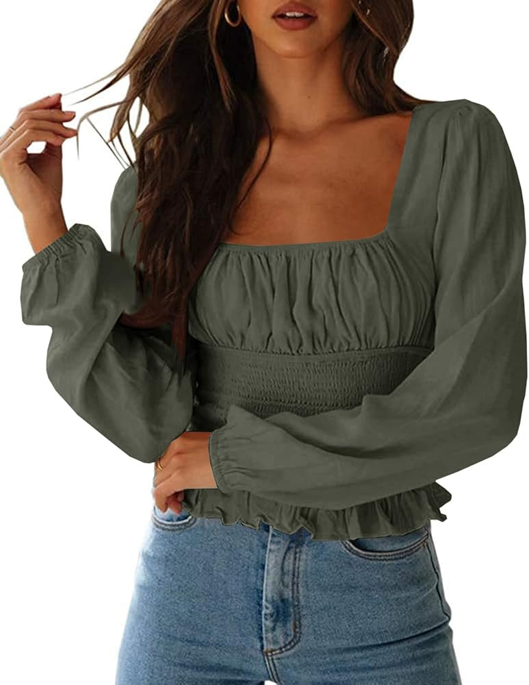 CNJFJ Women's Sexy Frill Smock Crop Top Retro Square Neck Long Sleeve Shirred Blouse Tops | Amazon (US)