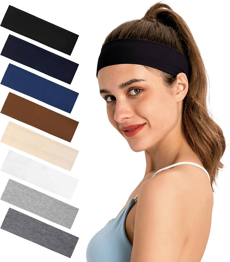 Headbands for Women 8-Pack Vibrant Yoga & Sports Sweat Headbands - Cotton Stretchy Non-Slip Hair ... | Amazon (US)